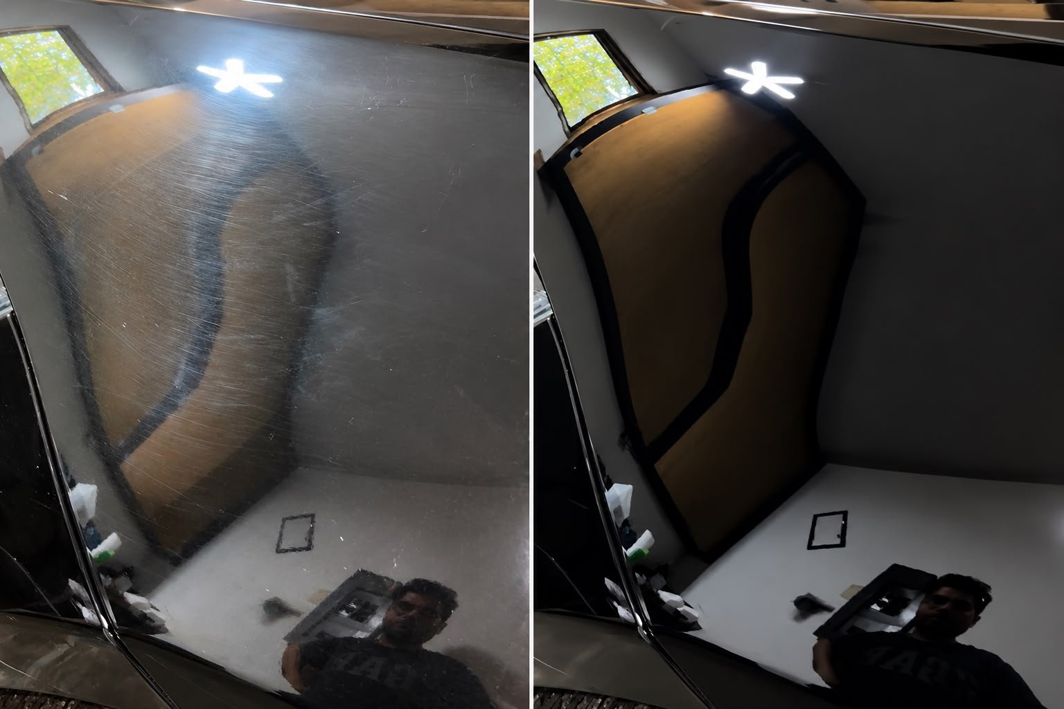 Paint correction and ceramic coating before and after on a black hood