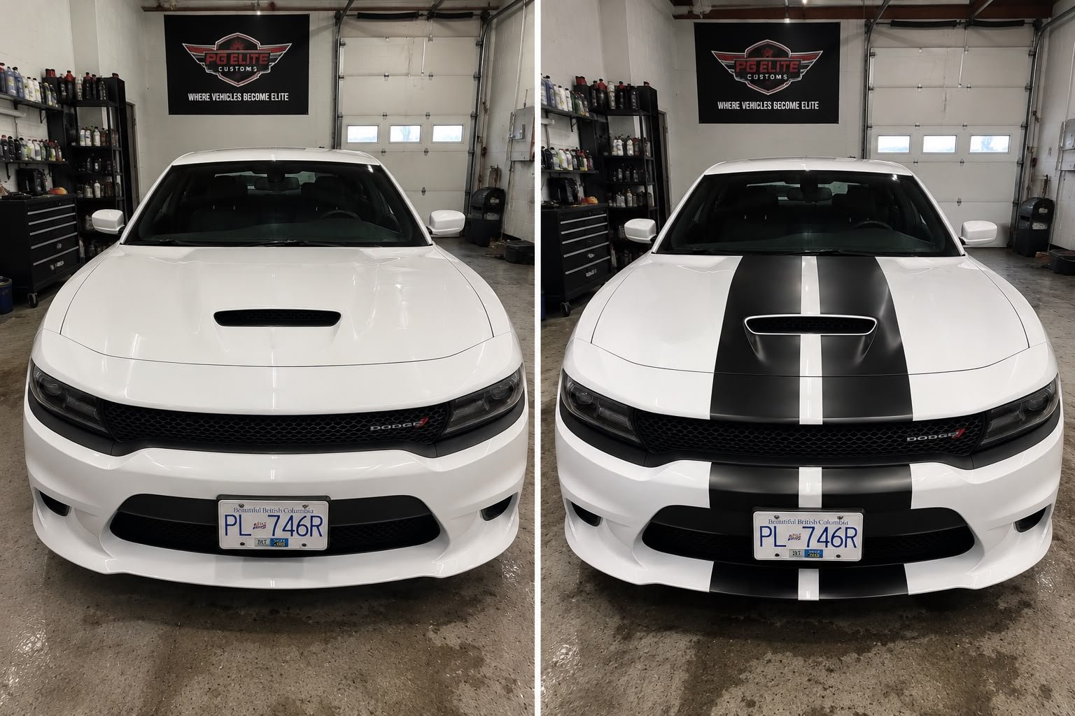 White Dodge Charger with custom black racing stripes at PG Elite Customs